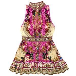 CAMILLA Silk Crepe Mini Dress 'Call of the Canal' Crystal High Neck Pockets L